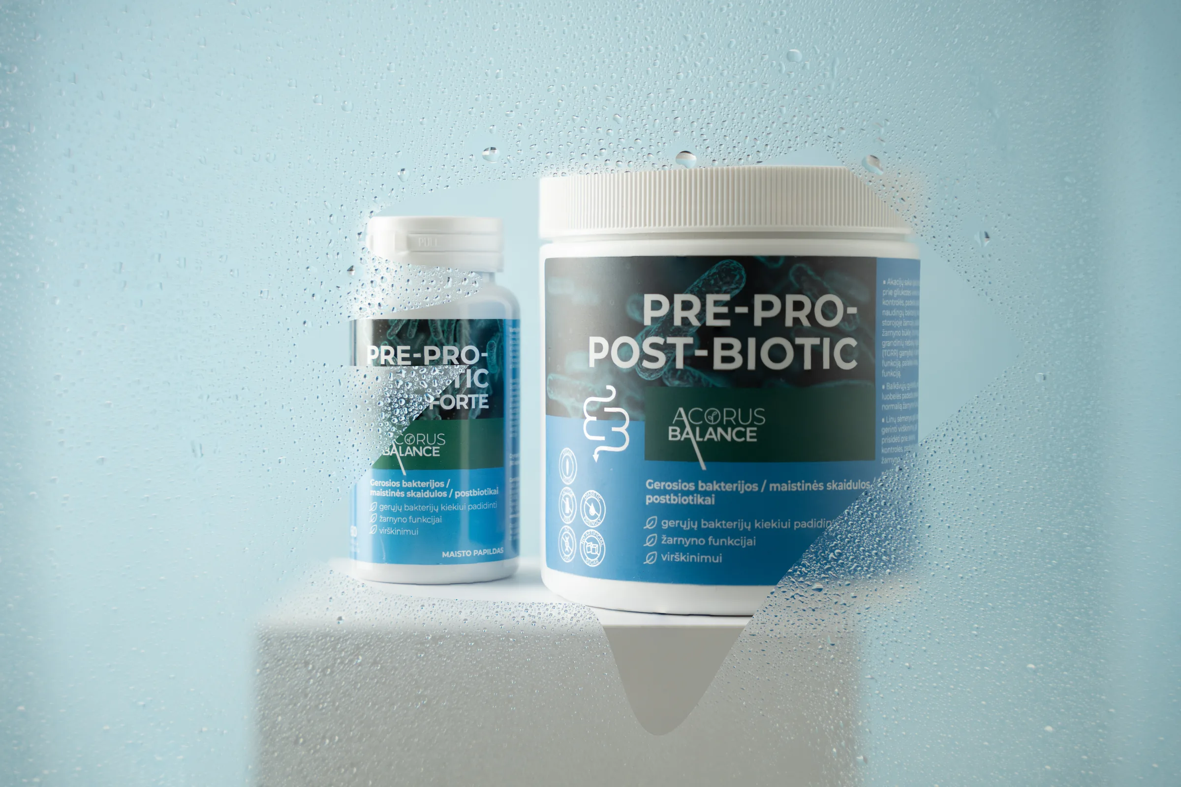 Biotic PRE-PRO-POST produktu saime uz balta plaukta vēsā, rasas klātā vidē